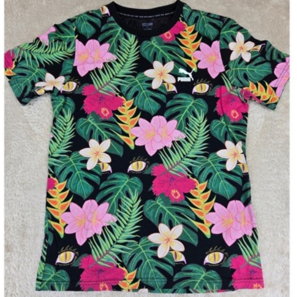 Puma Black Tee with Pink & Green Tropical Floral Print Size m Men Pink